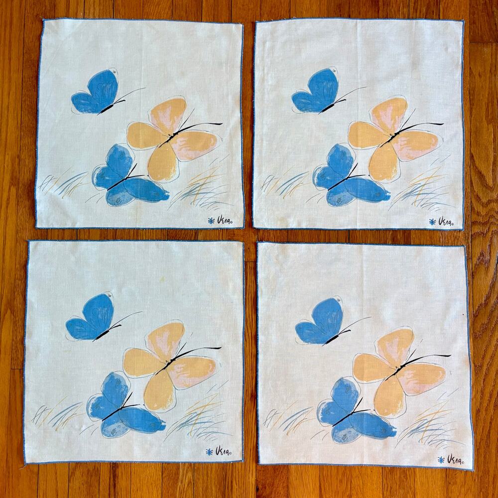 Vintage Vera Neumann Butterfly Napkins Set of 4 Blue Yellow 16” MCM Linens
